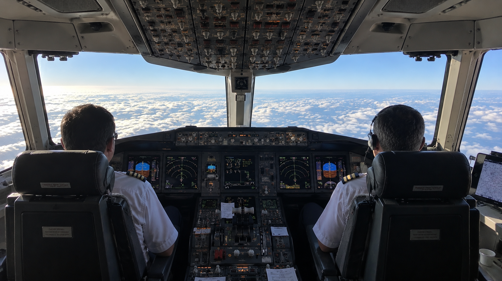 Two pilots in an airliner cockpit above a closed cloud layer
