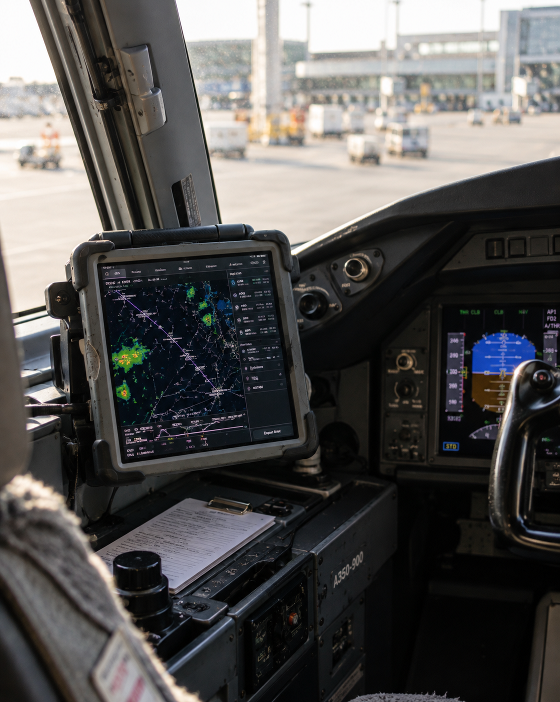 Professional pilot using PlanningCharts weather radar on a tablet in the cockpit